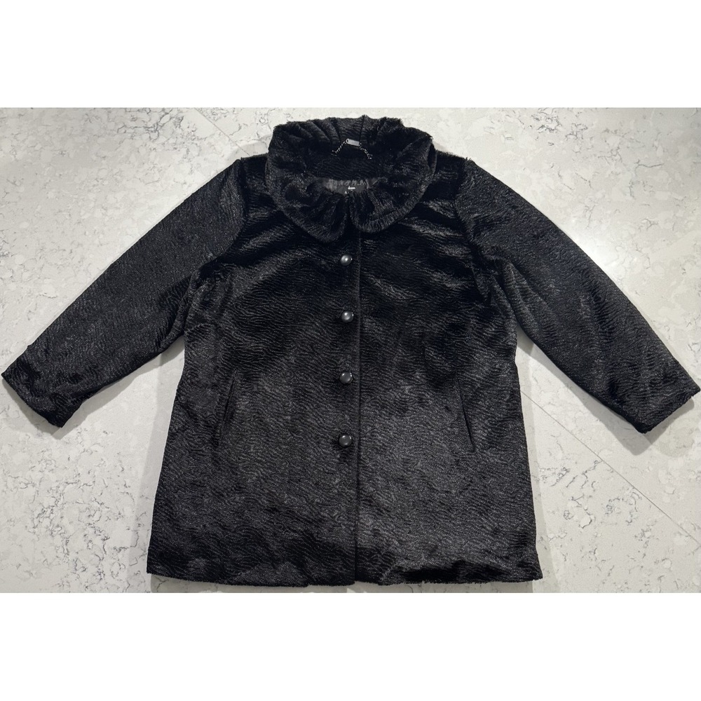 Dennis Basso‎ Faux Fur Coat Womens 2X Plus Black Ruffle Collar Textured Jacket